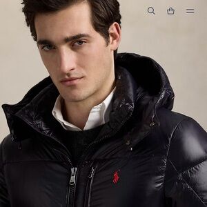 Polo by Ralph Lauren Black Shiny Quilted Hooded Puffer with Red Pony